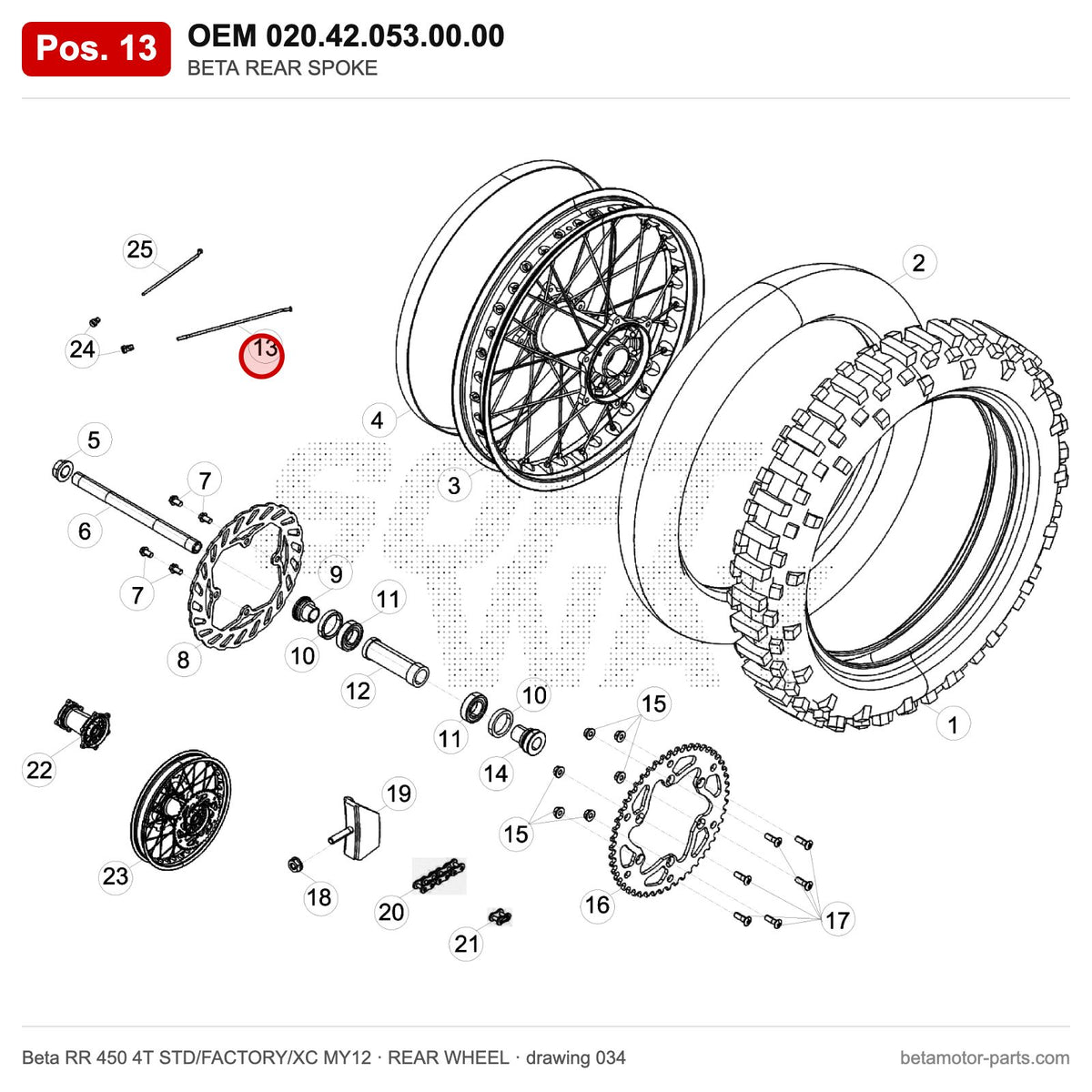 BETA REAR SPOKE – OEM 020.42.053.00.00, position 13 on the Beta RR 450 4T STD/FACTORY/XC MY12 rear wheel drawing