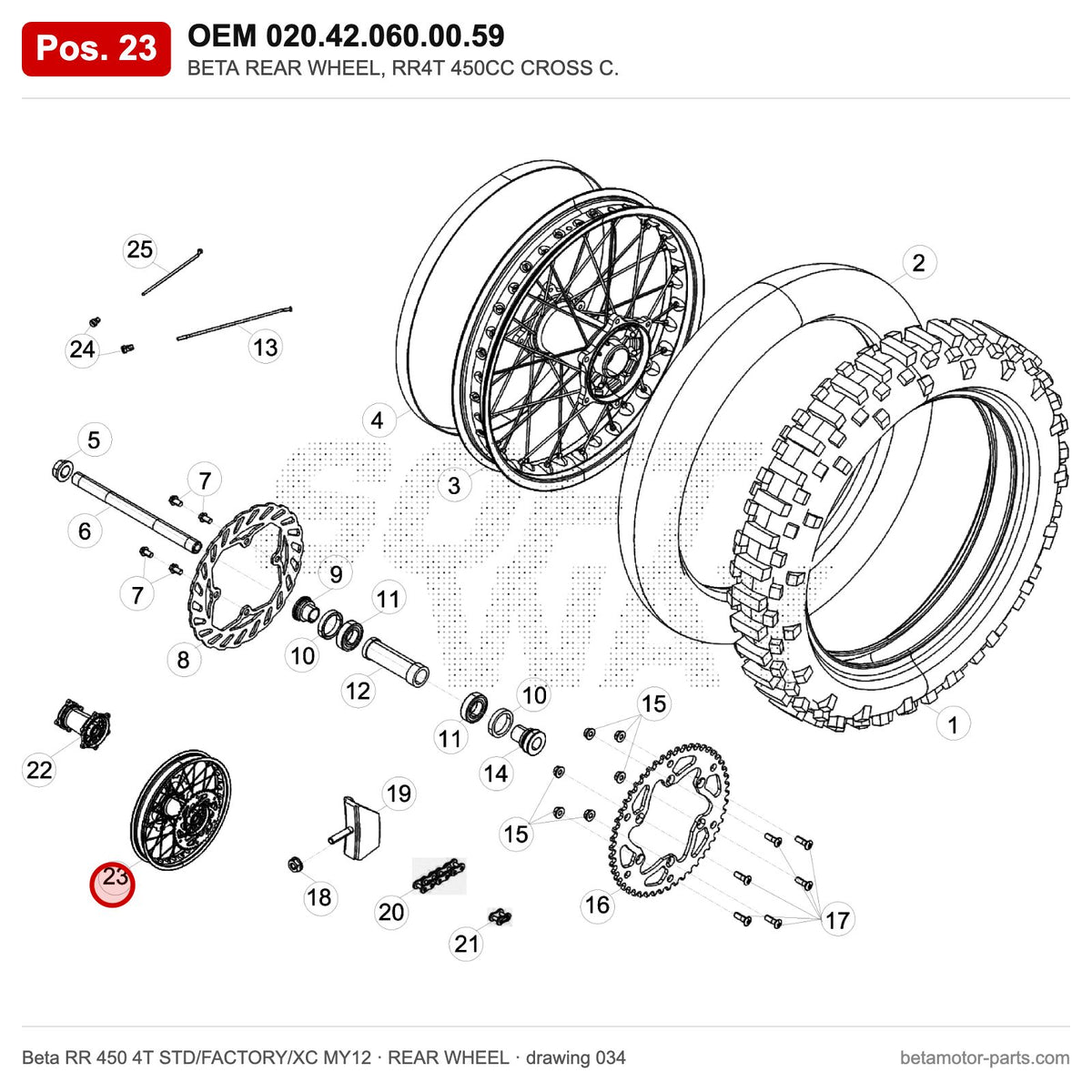 BETA REAR WHEEL, RR4T 450CC CROSS C. – OEM 020.42.060.00.59, position 23 on the Beta RR 450 4T STD/FACTORY/XC MY12 rear wheel drawing