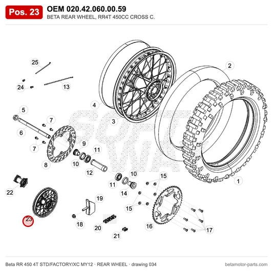 BETA REAR WHEEL, RR4T 450CC CROSS C. – OEM 020.42.060.00.59, position 23 on the Beta RR 450 4T STD/FACTORY/XC MY12 rear wheel drawing