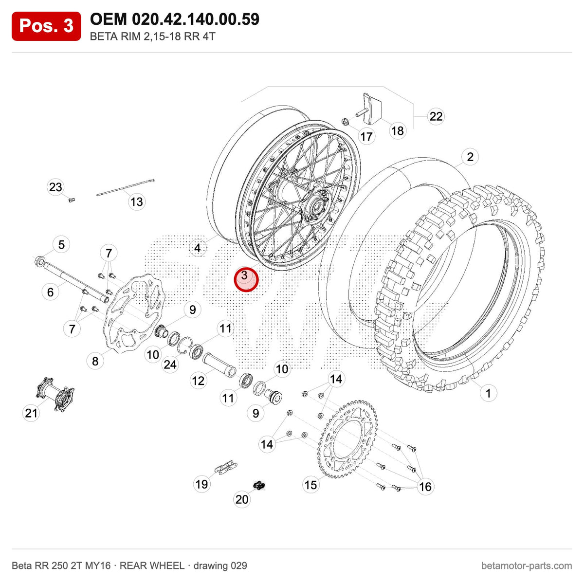 BETA RIM 2,15-18 RR 4T – OEM 020.42.140.00.59, position 3 on the Beta RR 250 2T MY16 rear wheel drawing