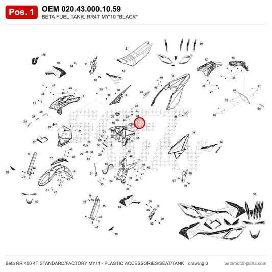 BETA FUEL TANK, RR4T MY'10 *BLACK* – OEM 020.43.000.10.59, position 1 on the Beta RR 400 4T STANDARD/FACTORY MY11 plastic accessories/seat/tank drawing