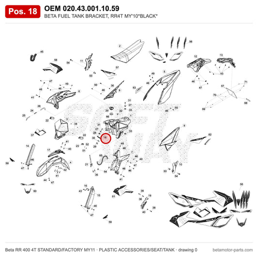 BETA FUEL TANK BRACKET, RR4T MY'10*BLACK* – OEM 020.43.001.10.59, position 18 on the Beta RR 400 4T STANDARD/FACTORY MY11 plastic accessories/seat/tank drawing