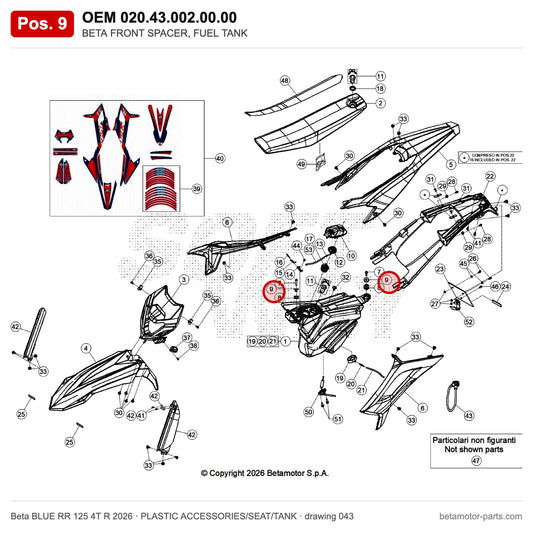 BETA FRONT SPACER, FUEL TANK – OEM 020.43.002.00.00, position 9 on the Beta BLUE RR 125 4T R 2026 plastic accessories/seat/tank drawing