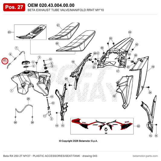 BETA EXHAUST TUBE VALVE/MANIFOLD RR4T MY'10 – OEM 020.43.004.00.00, position 27 on the Beta RX 250 2T MY27 plastic accessories/seat/tank drawing