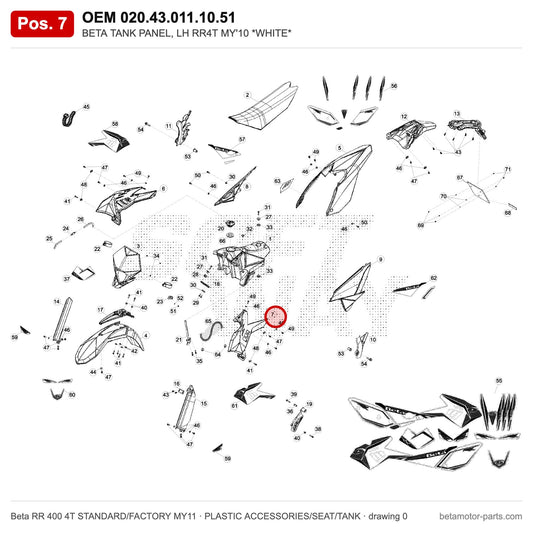 BETA TANK PANEL, LH RR4T MY'10 *WHITE* – OEM 020.43.011.10.51, position 7 on the Beta RR 400 4T STANDARD/FACTORY MY11 plastic accessories/seat/tank drawing