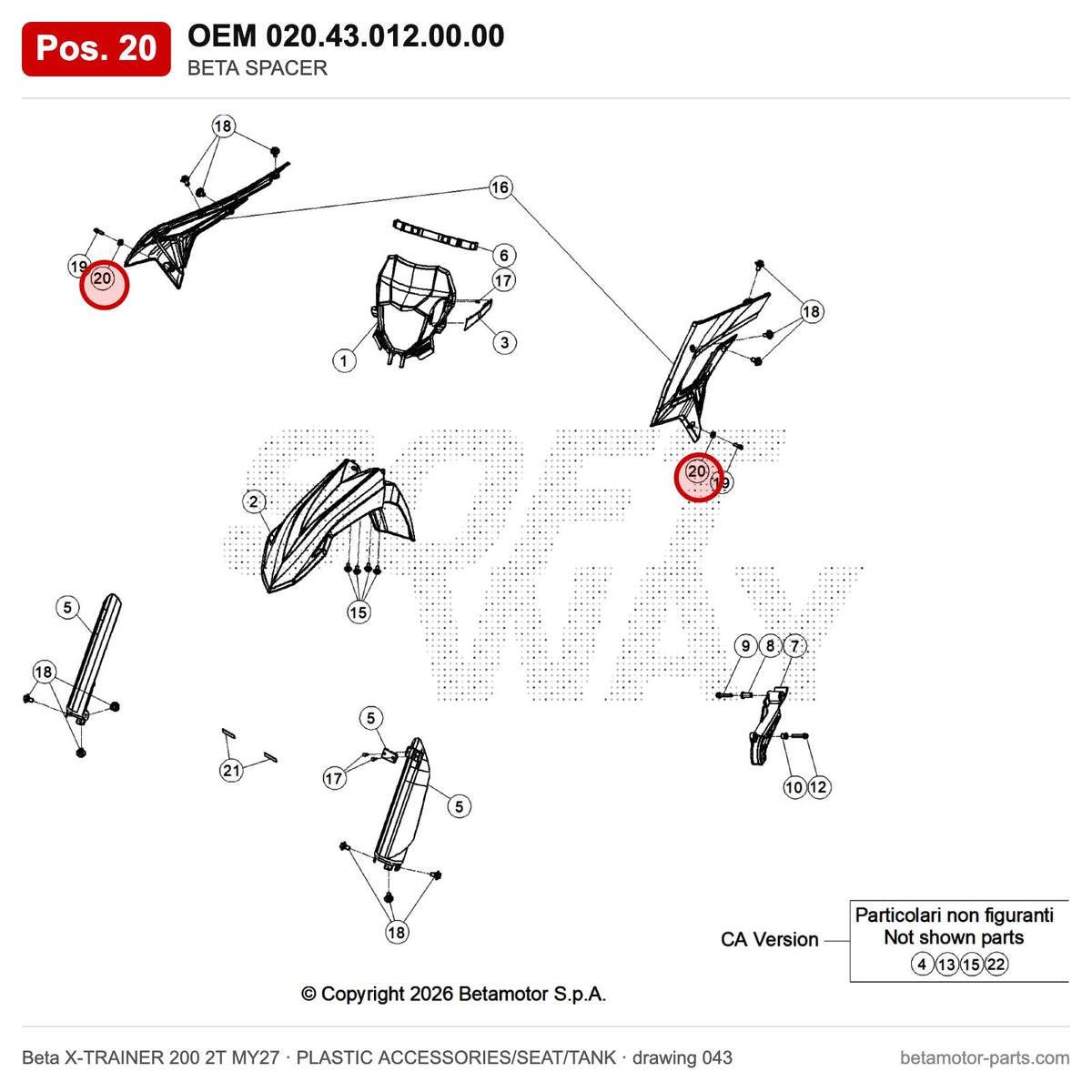 BETA SPACER – OEM 020.43.012.00.00, position 20 on the Beta X-TRAINER 200 2T MY27 plastic accessories/seat/tank drawing