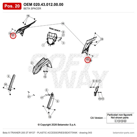 BETA SPACER – OEM 020.43.012.00.00, position 20 on the Beta X-TRAINER 200 2T MY27 plastic accessories/seat/tank drawing