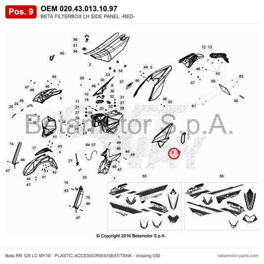 BETA FILTERBOX LH SIDE PANEL -RED- – OEM 020.43.013.10.97, position 9 on the Beta RR 125 LC MY16 plastic accessories/seat/tank drawing