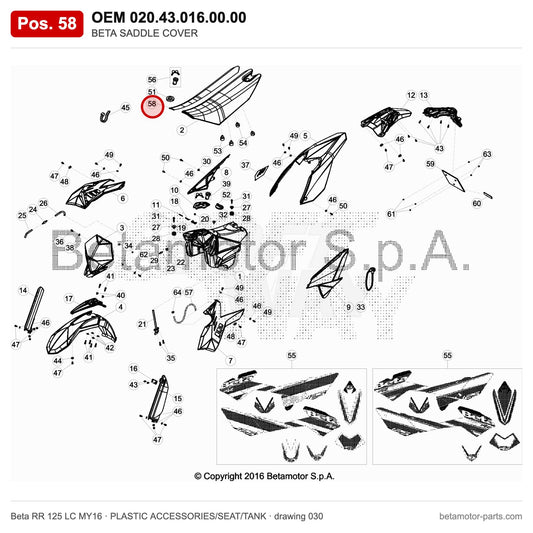 BETA SADDLE COVER – OEM 020.43.016.00.00, position 58 on the Beta RR 125 LC MY16 plastic accessories/seat/tank drawing