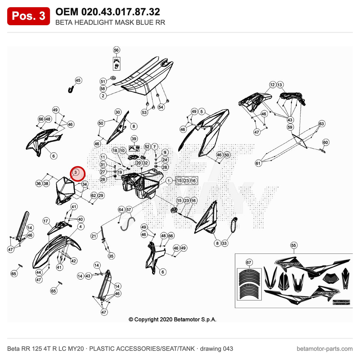 BETA HEADLIGHT MASK BLUE RR – OEM 020.43.017.87.32, position 3 on the Beta RR 125 4T R LC MY20 plastic accessories/seat/tank drawing