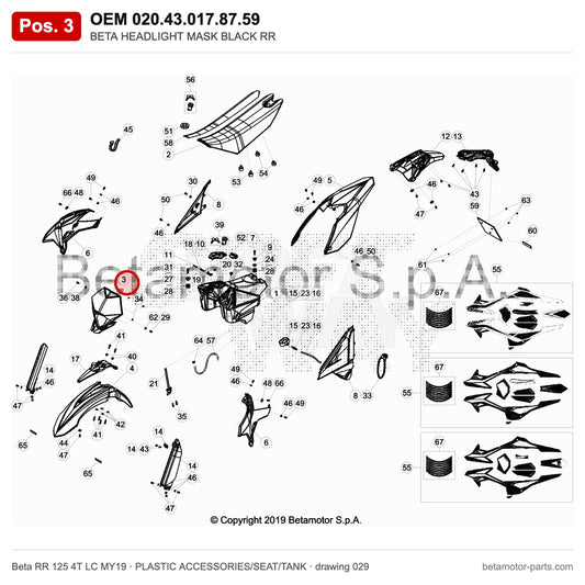 BETA HEADLIGHT MASK BLACK RR – OEM 020.43.017.87.59, position 3 on the Beta RR 125 4T LC MY19 plastic accessories/seat/tank drawing