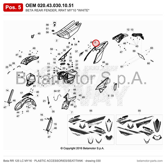 BETA REAR FENDER, RR4T MY'10 *WHITE* – OEM 020.43.030.10.51, position 5 on the Beta RR 125 LC MY16 plastic accessories/seat/tank drawing