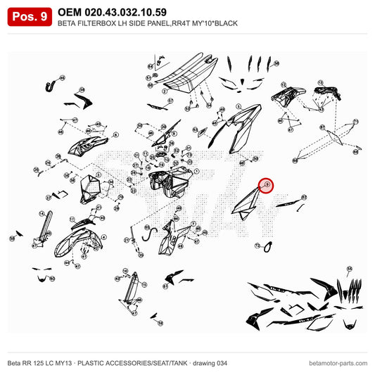BETA FILTERBOX LH SIDE PANEL,RR4T MY'10*BLACK – OEM 020.43.032.10.59, position 9 on the Beta RR 125 LC MY13 plastic accessories/seat/tank drawing