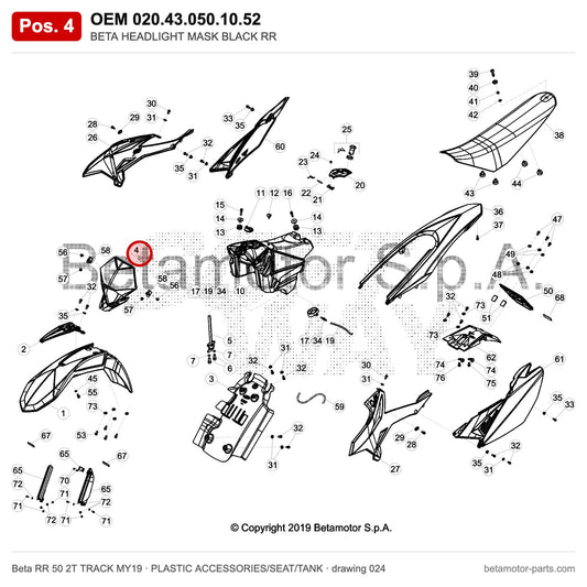 BETA HEADLIGHT MASK BLACK RR – OEM 020.43.050.10.52, position 4 on the Beta RR 50 2T TRACK MY19 plastic accessories/seat/tank drawing