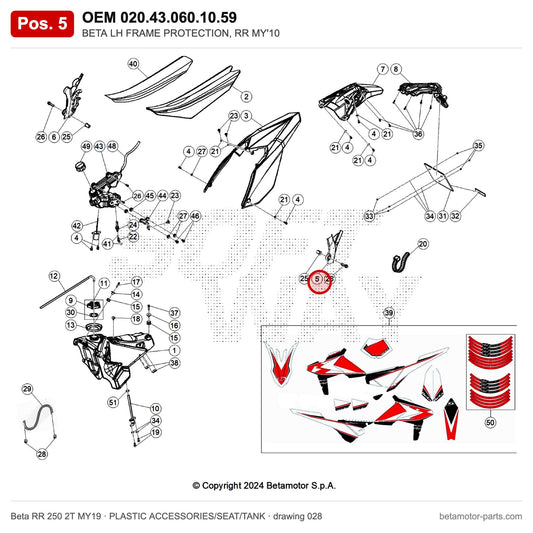 BETA LH FRAME PROTECTION, RR MY'10 – OEM 020.43.060.10.59, position 5 on the Beta RR 250 2T MY19 plastic accessories/seat/tank drawing