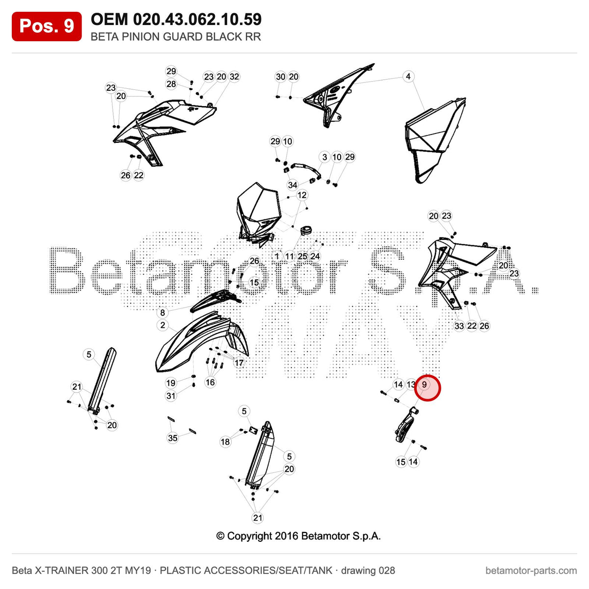 BETA PINION GUARD BLACK RR – OEM 020.43.062.10.59, position 9 on the Beta X-TRAINER 300 2T MY19 plastic accessories/seat/tank drawing