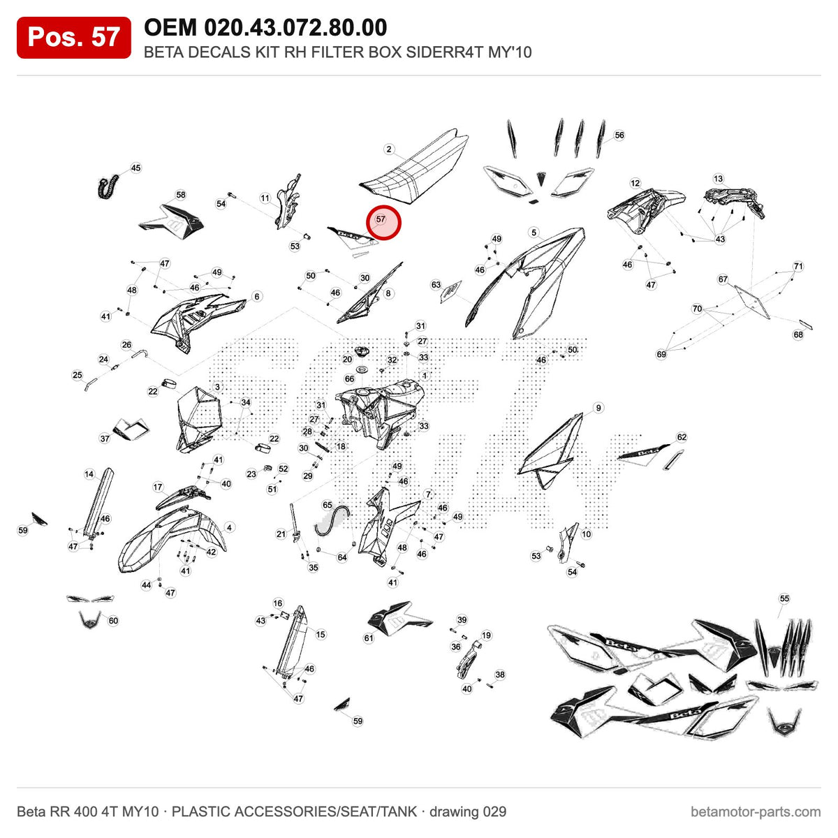 BETA DECALS KIT RH FILTER BOX SIDERR4T MY'10 – OEM 020.43.072.80.00, position 57 on the Beta RR 400 4T MY10 plastic accessories/seat/tank drawing