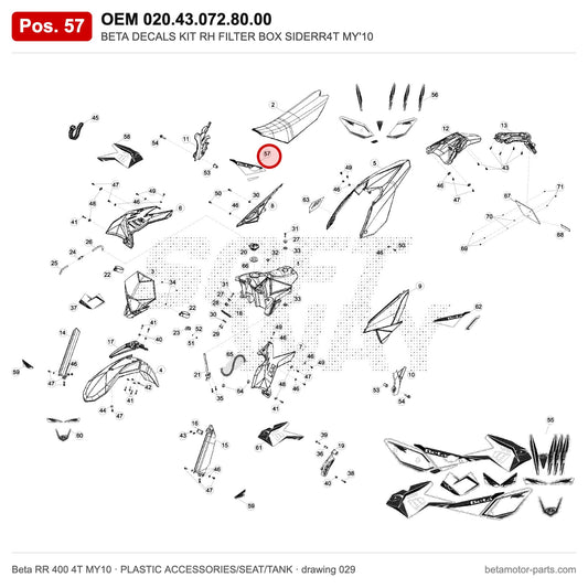 BETA DECALS KIT RH FILTER BOX SIDERR4T MY'10 – OEM 020.43.072.80.00, position 57 on the Beta RR 400 4T MY10 plastic accessories/seat/tank drawing