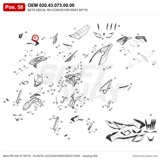 BETA DECAL RH CONVEYOR RR4T MY'10 – OEM 020.43.073.00.00, position 58 on the Beta RR 400 4T MY10 plastic accessories/seat/tank drawing