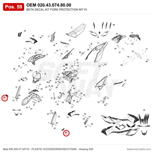 BETA DECAL KIT FORK PROTECTION MY'10 – OEM 020.43.074.80.00, position 59 on the Beta RR 400 4T MY10 plastic accessories/seat/tank drawing
