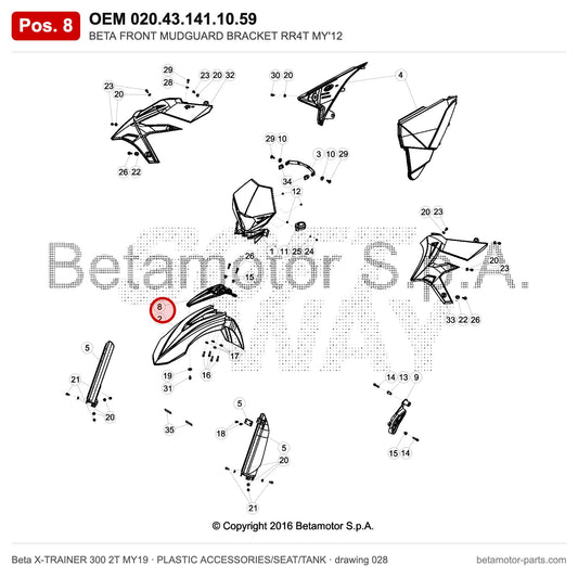 BETA FRONT MUDGUARD BRACKET RR4T MY'12 – OEM 020.43.141.10.59, position 8 on the Beta X-TRAINER 300 2T MY19 plastic accessories/seat/tank drawing