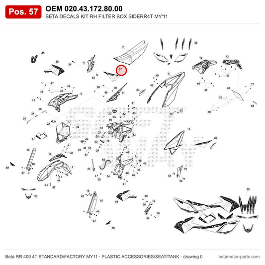 BETA DECALS KIT RH FILTER BOX SIDERR4T MY'11 – OEM 020.43.172.80.00, position 57 on the Beta RR 400 4T STANDARD/FACTORY MY11 plastic accessories/seat/tank drawing