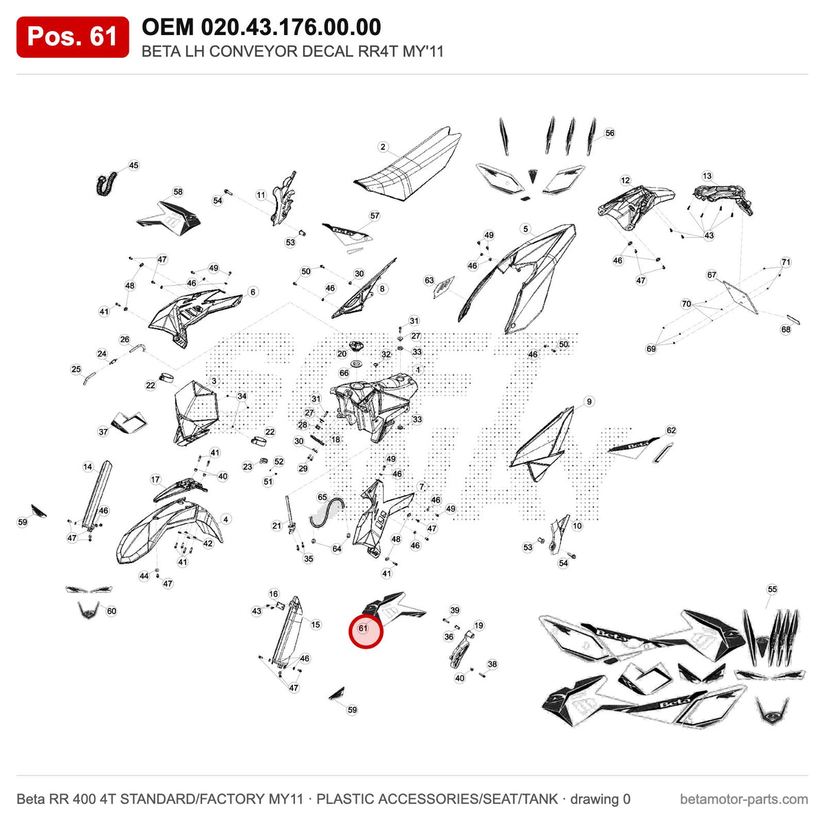 BETA LH CONVEYOR DECAL RR4T MY'11 – OEM 020.43.176.00.00, position 61 on the Beta RR 400 4T STANDARD/FACTORY MY11 plastic accessories/seat/tank drawing