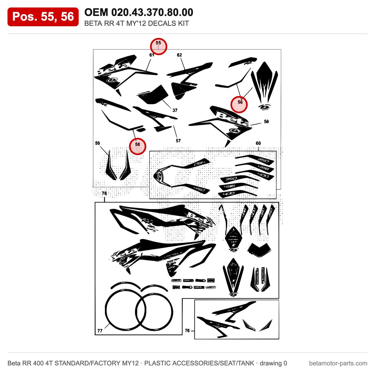 BETA RR 4T MY'12 DECALS KIT – OEM 020.43.370.80.00, positions 55,56 on the Beta RR 400 4T STANDARD/FACTORY MY12 plastic accessories/seat/tank drawing