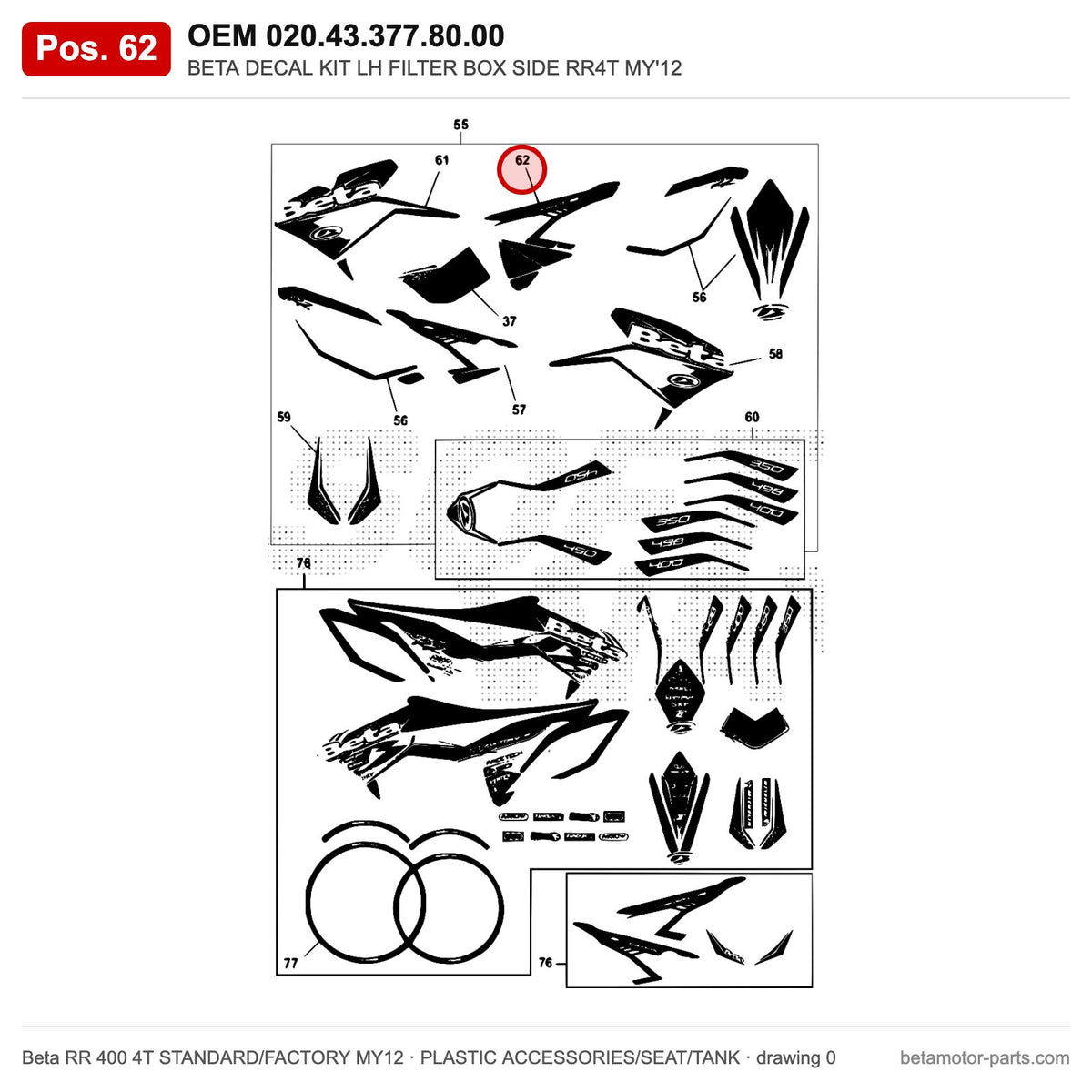 BETA DECAL KIT LH FILTER BOX SIDE RR4T MY'12 – OEM 020.43.377.80.00, position 62 on the Beta RR 400 4T STANDARD/FACTORY MY12 plastic accessories/seat/tank drawing