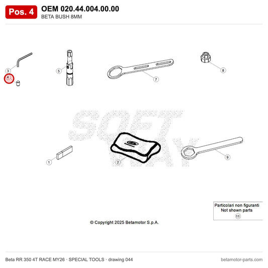 BETA BUSH 8MM – OEM 020.44.004.00.00, position 4 on the Beta RR 350 4T RACE MY26 special tools drawing