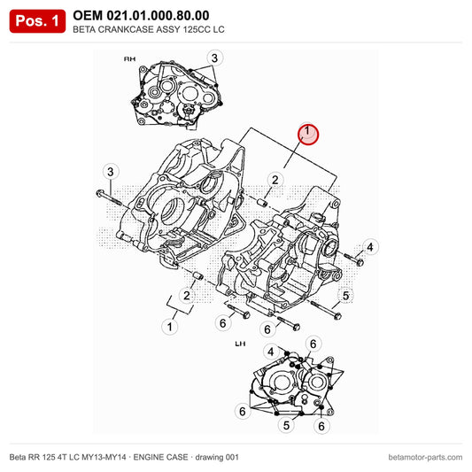 BETA CRANKCASE ASSY 125CC LC – OEM 021.01.000.80.00, position 1 on the Beta RR 125 4T LC MY13-MY14 engine case drawing