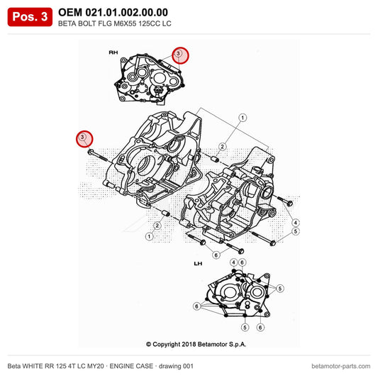 BETA BOLT FLG M6X55 125CC LC – OEM 021.01.002.00.00, position 3 on the Beta WHITE RR 125 4T LC MY20 engine case drawing
