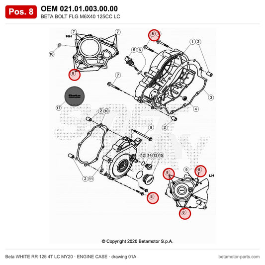 BETA BOLT FLG M6X40 125CC LC – OEM 021.01.003.00.00, position 8 on the Beta WHITE RR 125 4T LC MY20 engine case drawing