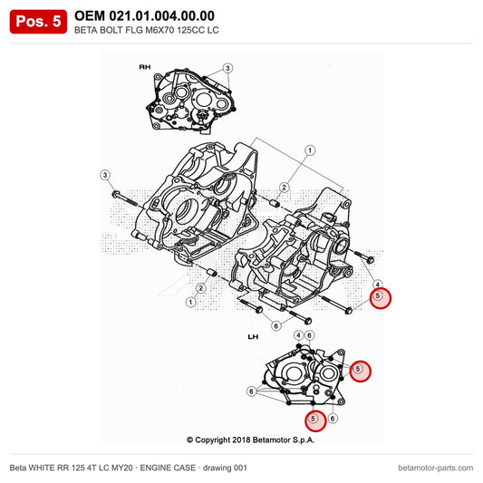 BETA BOLT FLG M6X70 125CC LC – OEM 021.01.004.00.00, position 5 on the Beta WHITE RR 125 4T LC MY20 engine case drawing