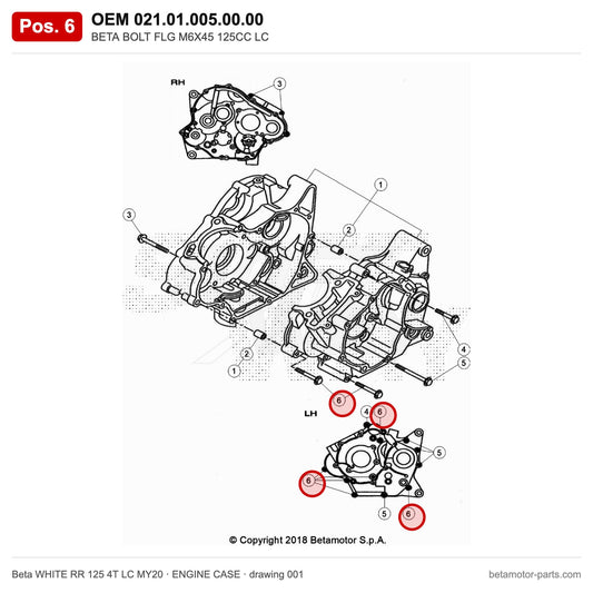 BETA BOLT FLG M6X45 125CC LC – OEM 021.01.005.00.00, position 6 on the Beta WHITE RR 125 4T LC MY20 engine case drawing