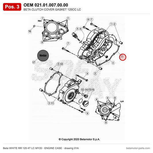 BETA CLUTCH COVER GASKET 125CC LC – OEM 021.01.007.00.00, position 3 on the Beta WHITE RR 125 4T LC MY20 engine case drawing