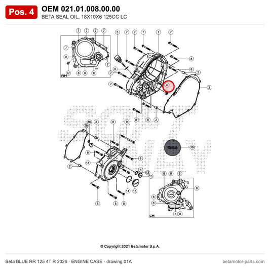 BETA SEAL OIL, 18X10X6 125CC LC – OEM 021.01.008.00.00, position 4 on the Beta BLUE RR 125 4T R 2026 engine case drawing
