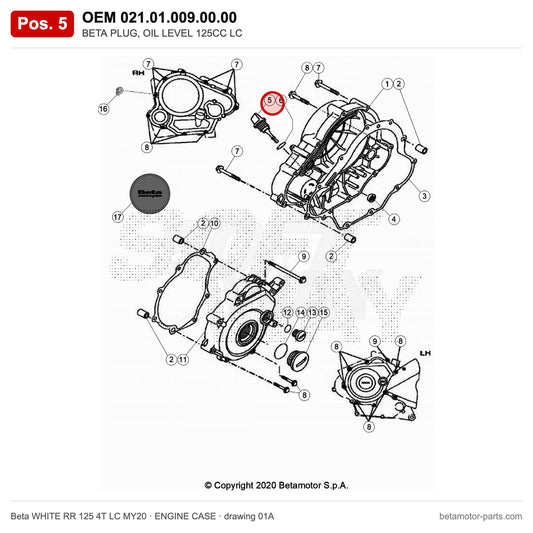 BETA PLUG, OIL LEVEL 125CC LC – OEM 021.01.009.00.00, position 5 on the Beta WHITE RR 125 4T LC MY20 engine case drawing