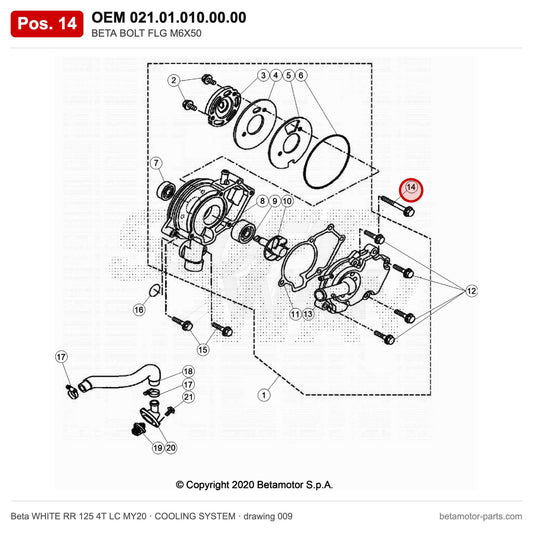 BETA BOLT FLG M6X50 – OEM 021.01.010.00.00, position 14 on the Beta WHITE RR 125 4T LC MY20 cooling system drawing