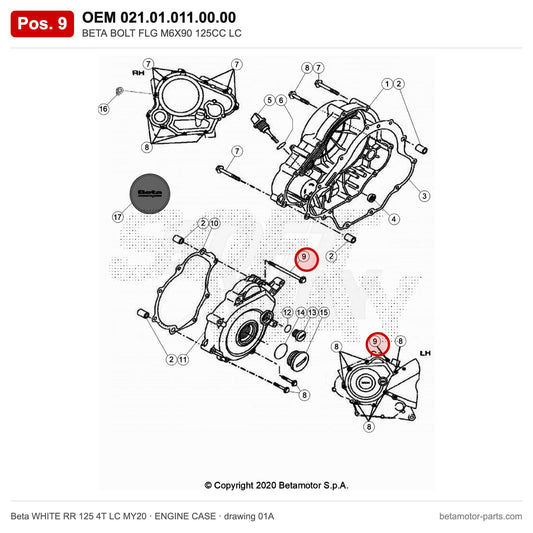 BETA BOLT FLG M6X90 125CC LC – OEM 021.01.011.00.00, position 9 on the Beta WHITE RR 125 4T LC MY20 engine case drawing