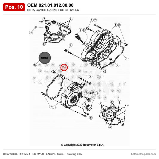 BETA COVER GASKET RR 4T 125 LC – OEM 021.01.012.00.00, position 10 on the Beta WHITE RR 125 4T LC MY20 engine case drawing