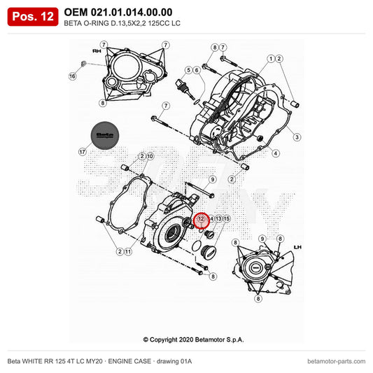 BETA O-RING D.13,5X2,2 125CC LC – OEM 021.01.014.00.00, position 12 on the Beta WHITE RR 125 4T LC MY20 engine case drawing