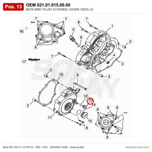 BETA GREY PLUG1 FLYWHEEL COVER 125CC LC – OEM 021.01.015.00.00, position 13 on the Beta RR 125 4T LC MY18 - CBS - FDV engine case drawing