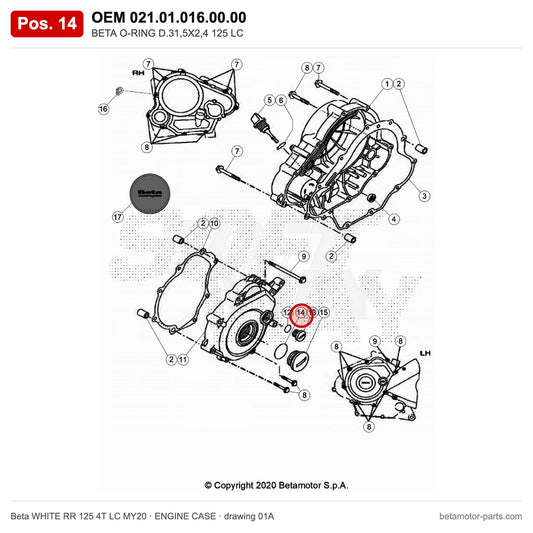 BETA O-RING D.31,5X2,4 125 LC – OEM 021.01.016.00.00, position 14 on the Beta WHITE RR 125 4T LC MY20 engine case drawing