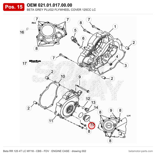 BETA GREY PLUG2 FLYWHEEL COVER 125CC LC – OEM 021.01.017.00.00, position 15 on the Beta RR 125 4T LC MY18 - CBS - FDV engine case drawing