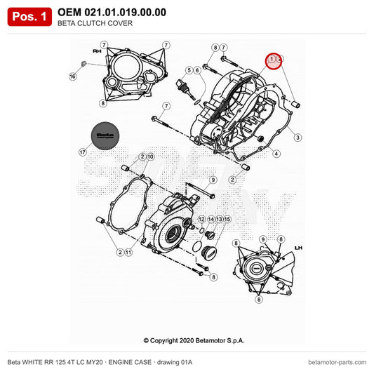BETA CLUTCH COVER – OEM 021.01.019.00.00, position 1 on the Beta WHITE RR 125 4T LC MY20 engine case drawing