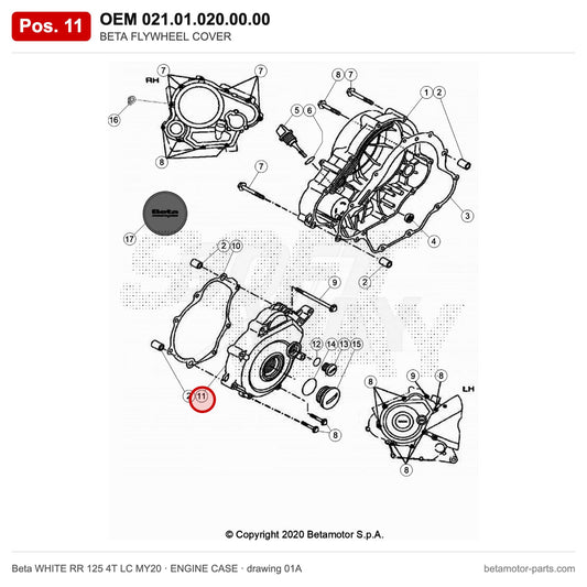 BETA FLYWHEEL COVER – OEM 021.01.020.00.00, position 11 on the Beta WHITE RR 125 4T LC MY20 engine case drawing