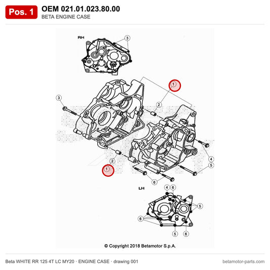 BETA ENGINE CASE – OEM 021.01.023.80.00, position 1 on the Beta WHITE RR 125 4T LC MY20 engine case drawing