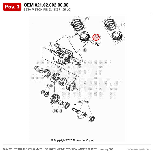 BETA PISTON PIN D.14X37 125 LC – OEM 021.02.002.00.00, position 3 on the Beta WHITE RR 125 4T LC MY20 crankshaft/piston/balancer shaft drawing