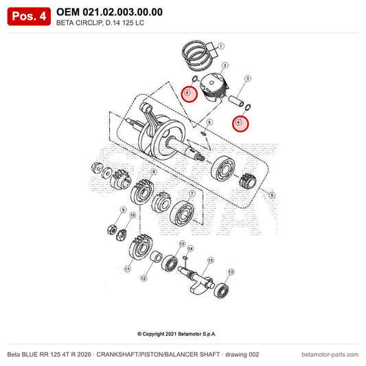 BETA CIRCLIP, D.14 125 LC – OEM 021.02.003.00.00, position 4 on the Beta BLUE RR 125 4T R 2026 crankshaft/piston/balancer shaft drawing